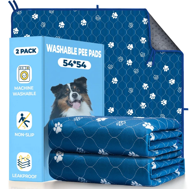 Fostanfly Tapis Pipi Réutilisables – Lot de 2 Grand 54×54 pouces, Ultra-absorbants et Anti-Dérapants (Bleu) avec 8 Lanières