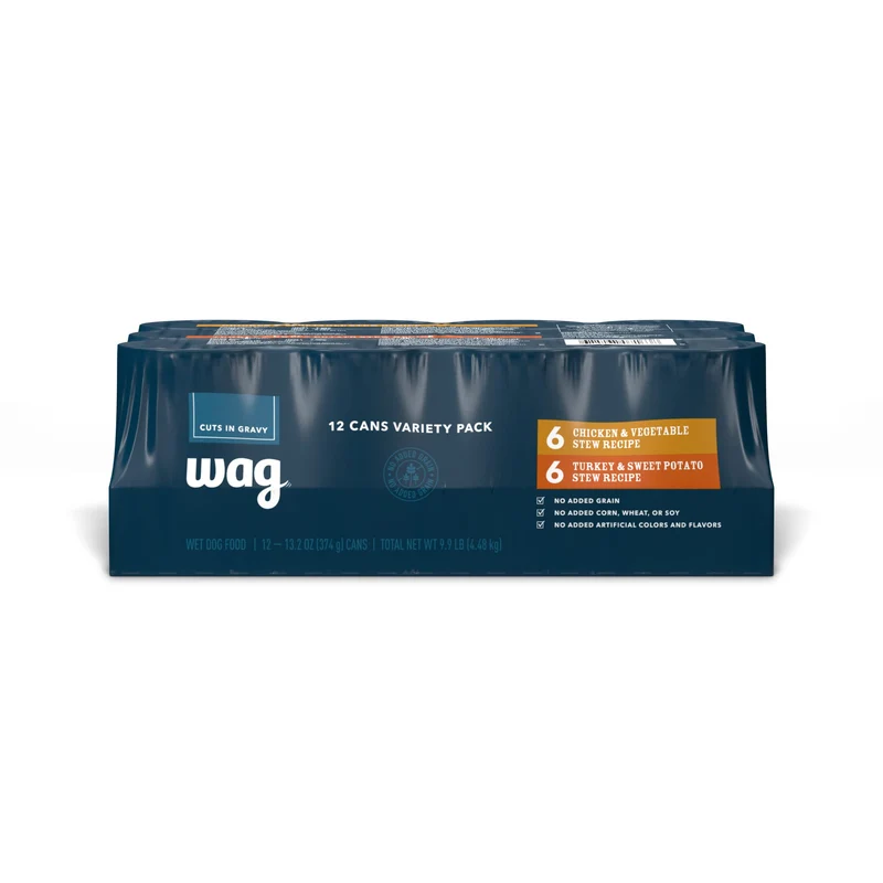 WAG Nourriture humide pour chien – Ragoût varié (Poulet et Dinde), Boîtes 375 g, Lot de 12, Sans céréales, Fabriqué aux États-Unis
