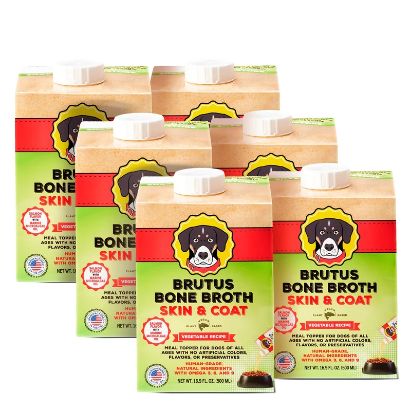 Brutus Bouillon pour Chiens — Topper végétal, Oméga 3, 6 & 9 et Curcuma — Fabriqué aux États‑Unis — Pack de 6 x 16,9 oz