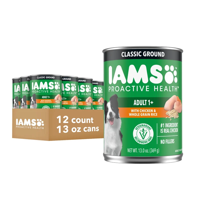 IAMS Proactive Health Nourriture humide pour chien adulte — Multipack 12 boîtes, morceaux de bœuf en sauce et riz, 13 oz