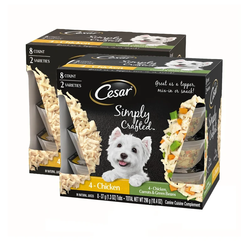 Cesar Simply Crafted Garnitures Humides pour Croquettes – Poulet et Légumes, Lot de 2, 8 Pots de 1,3 oz