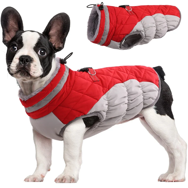 FUAMEY Manteau pour Chiens Petits — Imperméable Hiver avec Harnais Intégré, Veste Réfléchissante et Zip sur le Dos (Rouge, Taille S)