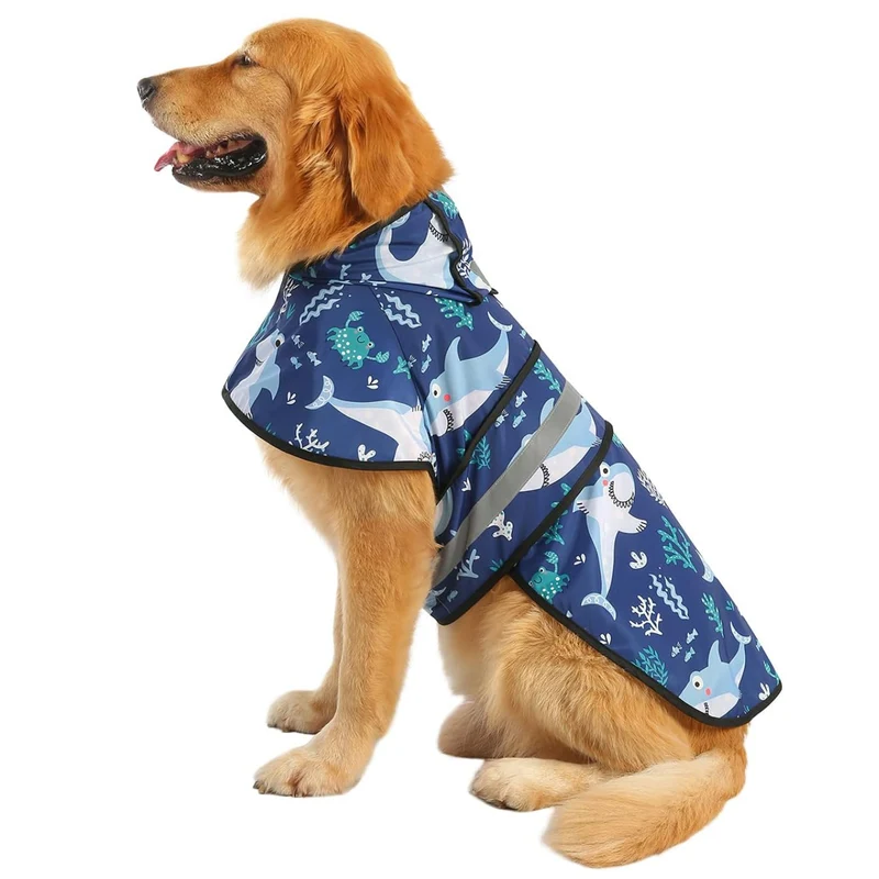 HDE Manteau Imperméable pour Chien - Capuche Réfléchissante, Ouverture Harnais, Design Requin - Taille L