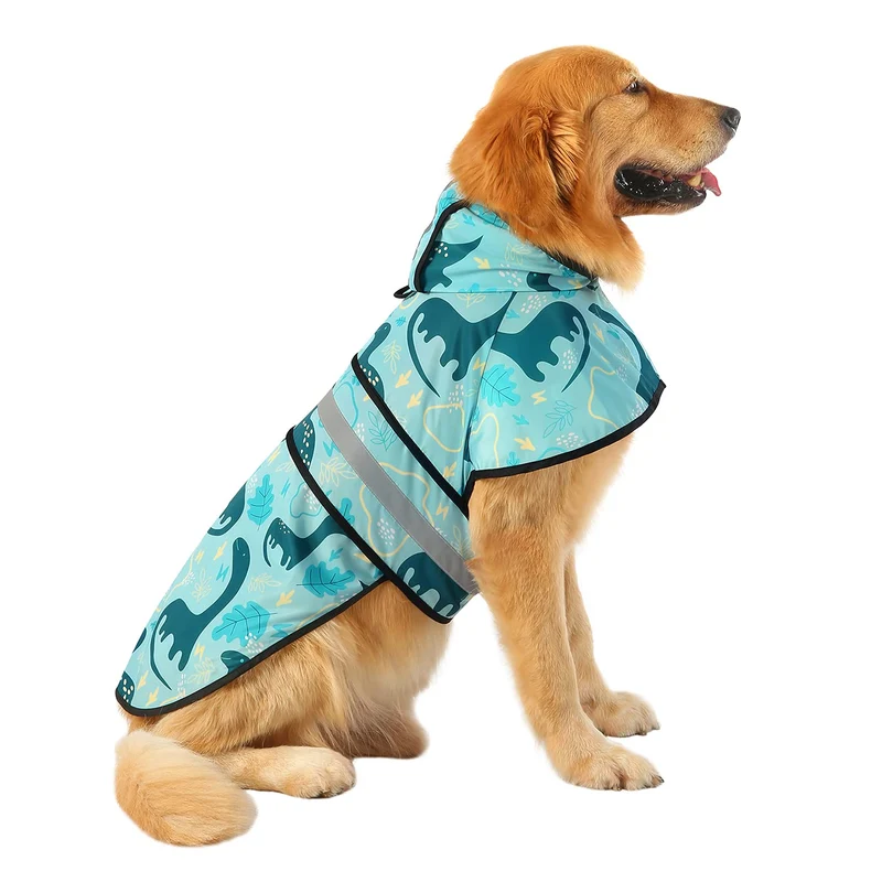 HDE Manteau Imperméable pour Chien Dinosaure – Capuche, Réfléchissant, Ouverture Harnais | Taille L