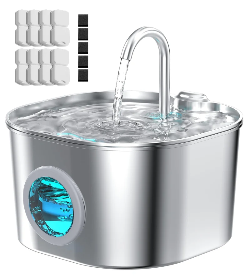 Fontaine d’eau pour chat HOOISE en acier inox – 8 filtres + 5 éponges, distributeur automatique silencieux