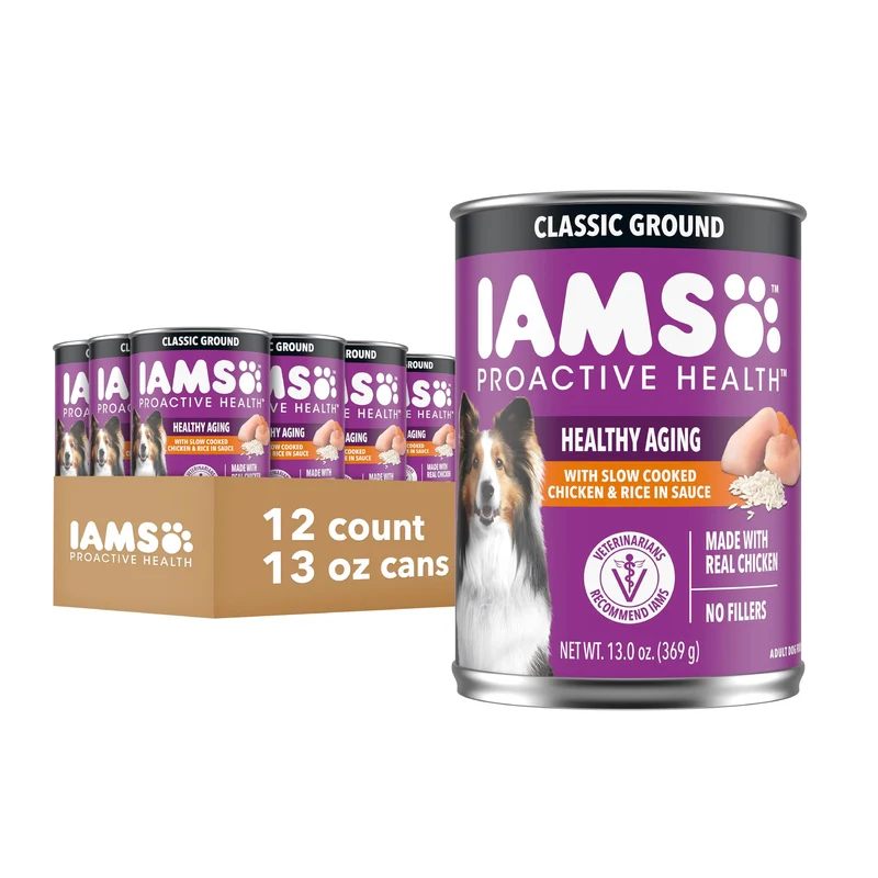 IAMS Proactive Health Senior – Aliment humide pour chien âgé (Poulet et Riz), Morceaux Classiques, 13 oz, Pack de 12