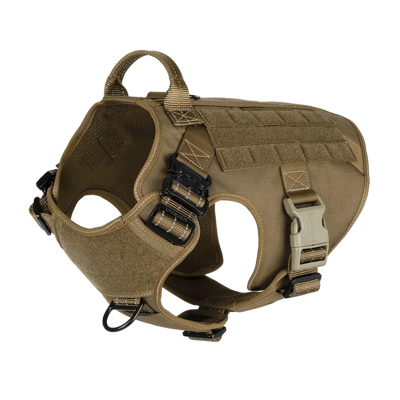 ICEFANG Harnais Tactique pour Chien – Taille Large, Boucles Métal, Poignée, MOLLE/PALS, Anti-Tirage, Marron (Lot de 1)