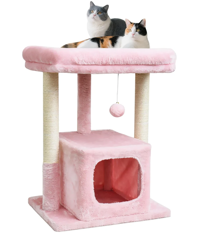 SYANDLVY Arbre à chat 27 pouces – Tour d’activité rose avec griffoirs et cabane