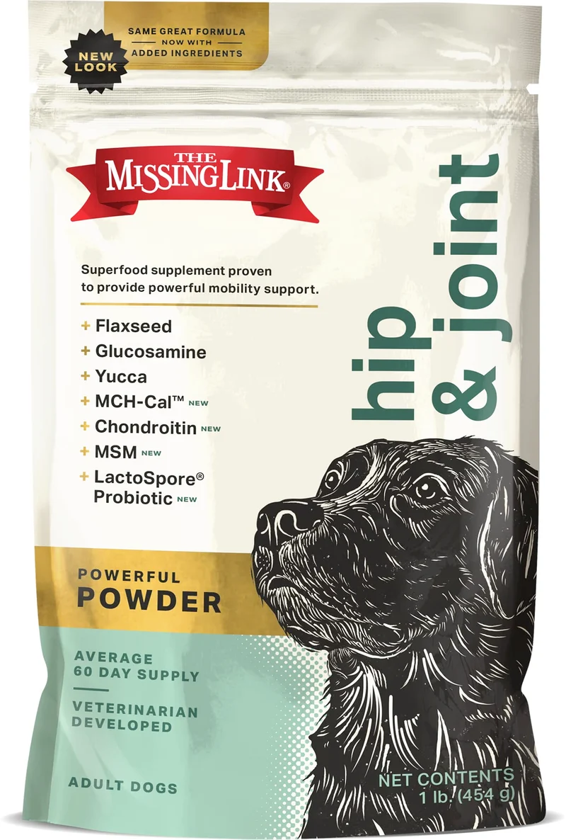 The Missing Link Hanche et articulation + Probiotiques – Poudre pour chiens (450 g), mobilité et articulation