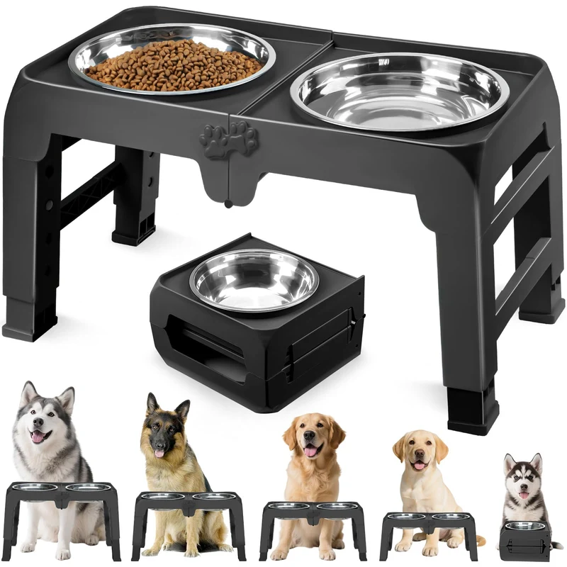 COMESOON – Mangeoire surélevée pour grands chiens, 5 hauteurs ajustables, bols inox 10 pouces, cadre noir