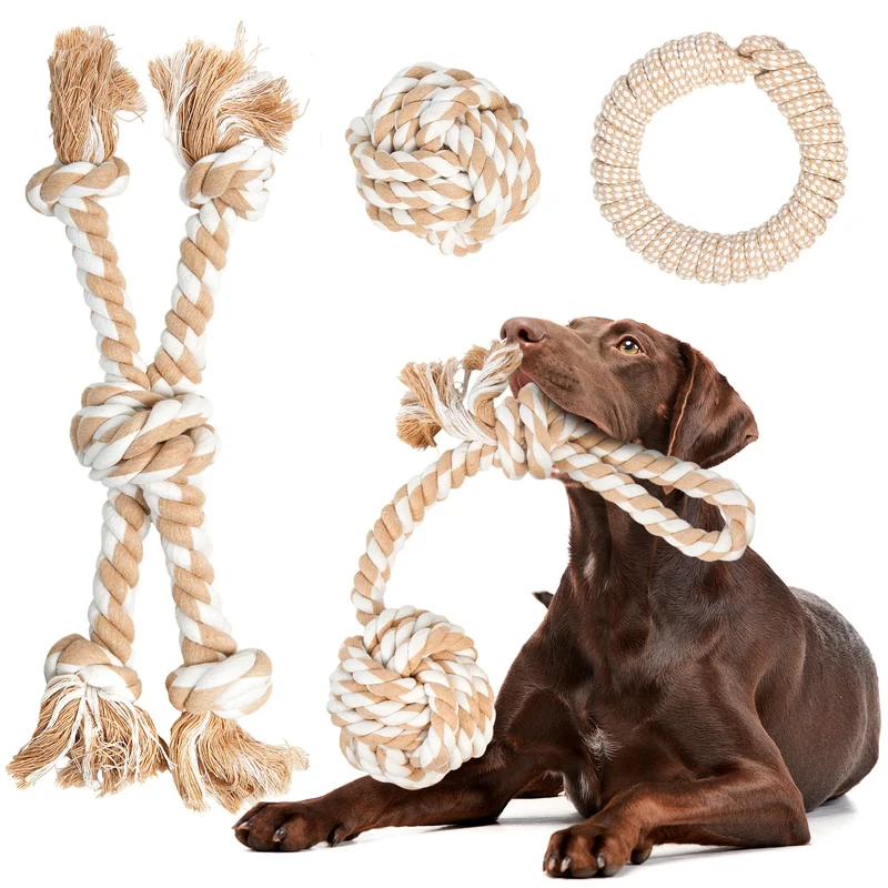 Fida – Jouets Corde pour Chiens Puissants (Pack 4) Coton Naturel | Tir à la Corde et Fetch pour Grands Chiens