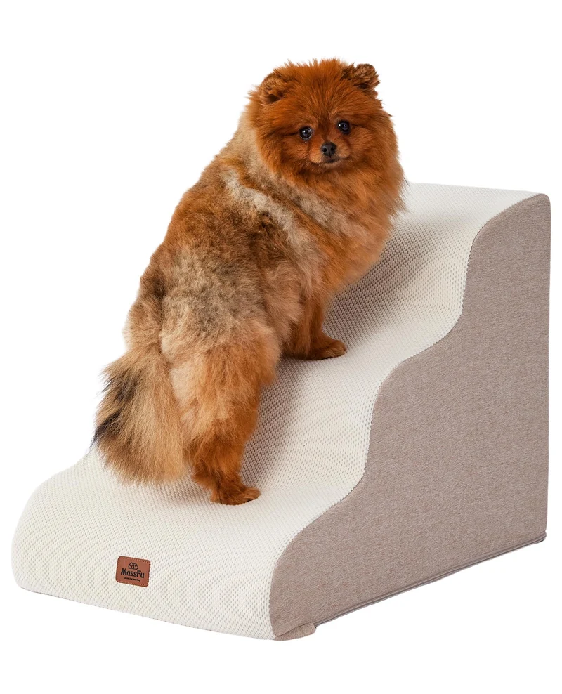 MASSFU Escaliers pour chien beige – 3 étapes, 17 pouces, anti-dérapants, pour canapé et fauteuil