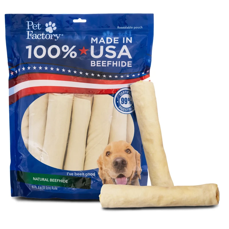 Pet Factory – Rouleaux Beefhide 8 pouces, 100% fabriqués aux États-Unis, friandise naturelle pour chiens – 15 pièces