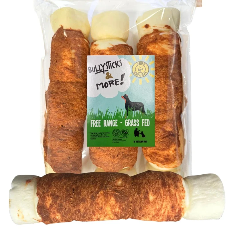 BULLYSTICKS & MORE – Rouleaux de joue de bœuf pour chiens (10-12"), poulet enveloppé – 3 pièces