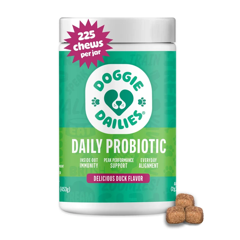 Doggie Dailies Probiotiques pour Chiens — Santé Digestive et Immunité (Saveur Canard) – 225 Friandises Douces