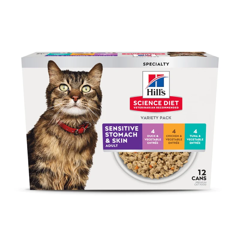 Hill's Science Diet Adulte 1-6 Estomac Sensible et Peau Sensible – Variété humide pour chats (Poulet, Thon et Canard), 12 boîtes de 2,9 oz