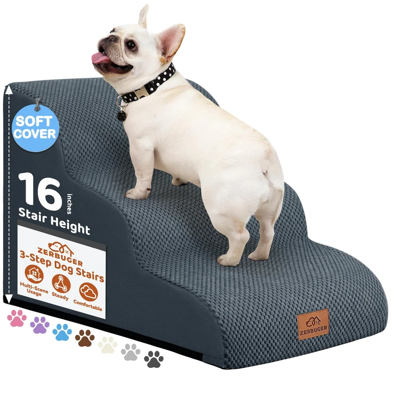 Zerbuger Rampe et Escalier pour Chien et Chat — 3 et 4 Étages, Hauteur 16–20 po, Antidérapant, Housse Lavable (Gris Foncé)