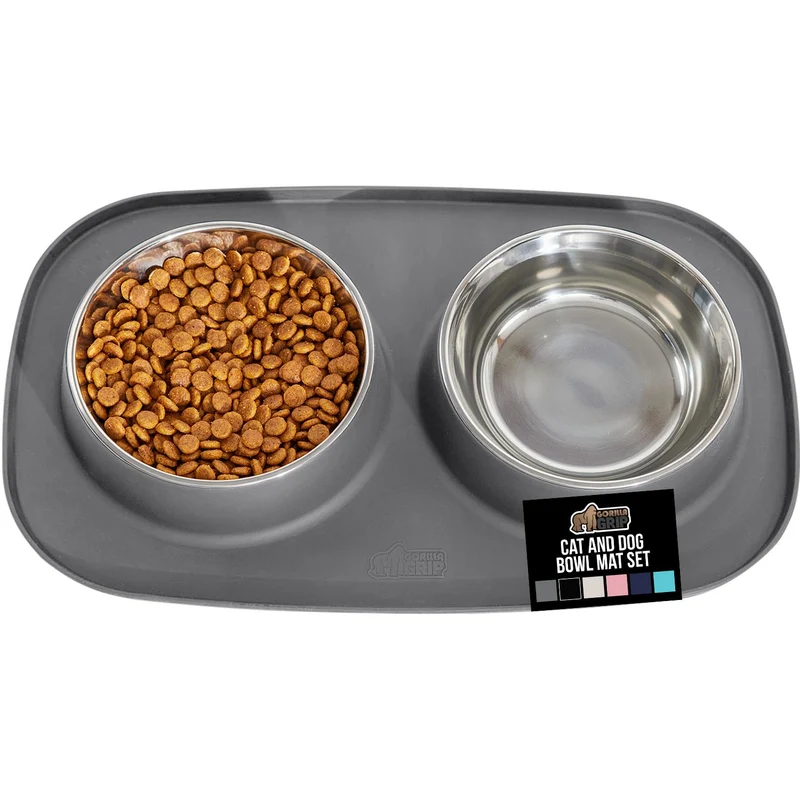 GORILLA GRIP Ensemble Mat d’Alimentation et Bols – Silicone Étanche, Acier Inox Sans BPA, Antidérapant, Design US, Gris