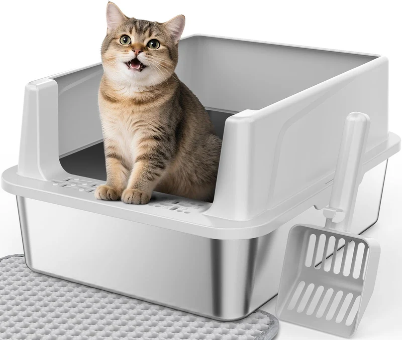 FURTIME Bac à litière en acier inoxydable avec couvercle — Petit modèle 17×13×8,4
