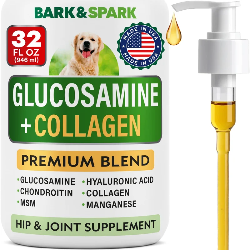 BARK&SPARK Glucosamine liquide pour chiens avec collagène (32 oz) – Mobilité avancée, chondroïtine & MSM – Hip & Joint + peau et pelage – fabriqué aux États-Unis