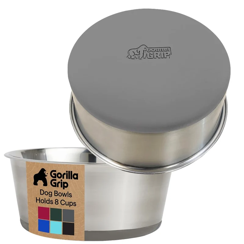 GORILLA GRIP – Gamelles pour animaux en inox 304, 8 tasses (64 oz), lot de 2, base silicone antidérapante