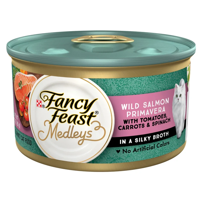 Fancy Feast Medleys Primavera - Saumon Sauvage avec Tomates, Carottes et Épinards dans Bouillon Soigneux - Pack 24 x 3 oz