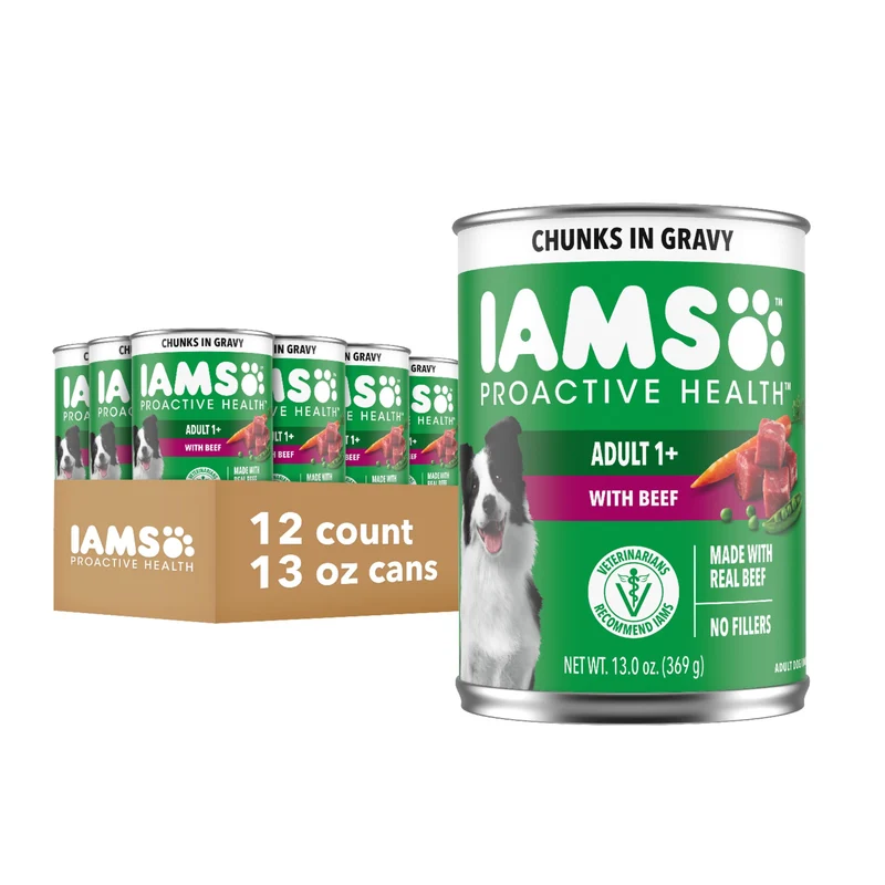 IAMS Proactive Health Alimentation humide pour chien adulte – Morceaux de bœuf en gravy, légumes, pack 12
