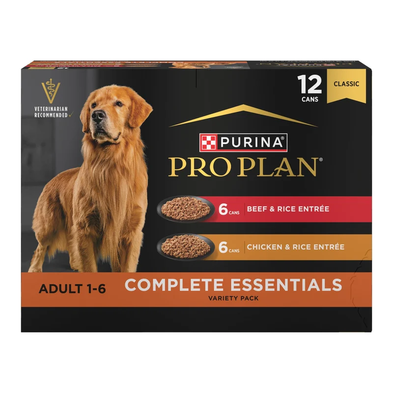 Purina Pro Plan Complete Essentials – Nourriture humide pour chien (poulet et riz / bœuf et riz) – Pack 12 × 13 oz