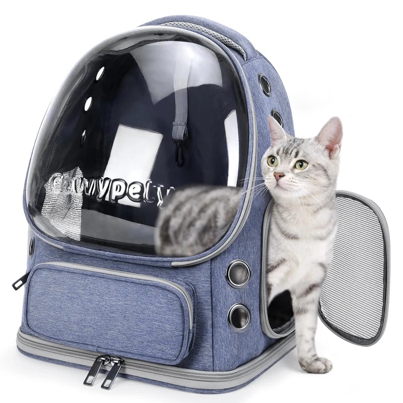 Cawypety Sac à Dos Porte-chat avec Bulle Transparente – Transport Portable et Pliable jusqu’à 5,5 kg (Bleu)