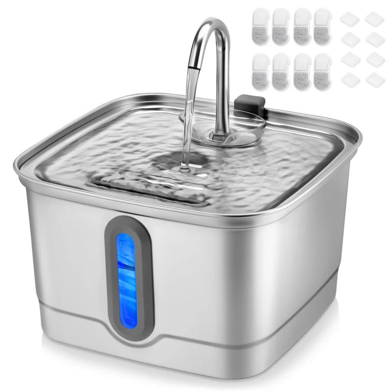 SEIRMEP Fontaine d'eau en acier inox 3 L pour chats et petits chiens – 8 filtres et éponges inclus (environ 101 onces liquides)