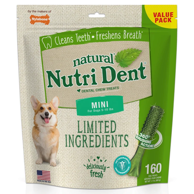 Nylabone Nutri Dent – Friandises dentaires naturelles à ingrédients limités pour chiens – Haleine fraîche, fabriqué aux États‑Unis (160 bouchées)
