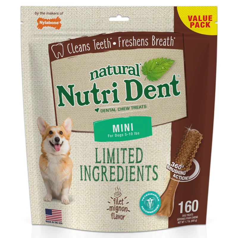 Nylabone Nutri Dent Mini - Friandise Dentaire pour Chiens Goût Filet Mignon Mini - Nettoyage Dentaire et Haleine Fraîche (160 pièces)