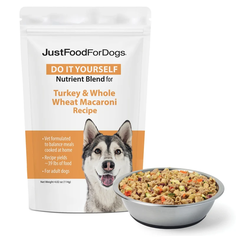 JustFoodForDogs Mélange nutritionnel — Suppléments pour Repas Faits Maison pour Chiens (Dinde & Macaroni de Blé Entier), Qualité Humaine, 4,55 oz