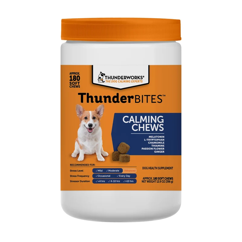 ThunderBites Friandises Calmantes pour Chiens – 180 Bouchées (Thiamine, Tryptophane, Mélatonine et Gingembre)