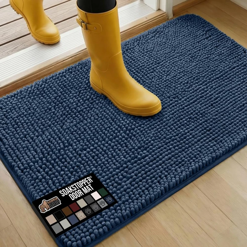 GORILLA GRIP SoakSTOPPER Tapis de porte pour chien 91x61 cm – Lavable en machine, Absorbant, Séchage rapide, Chenille douce, Bleu Nuit