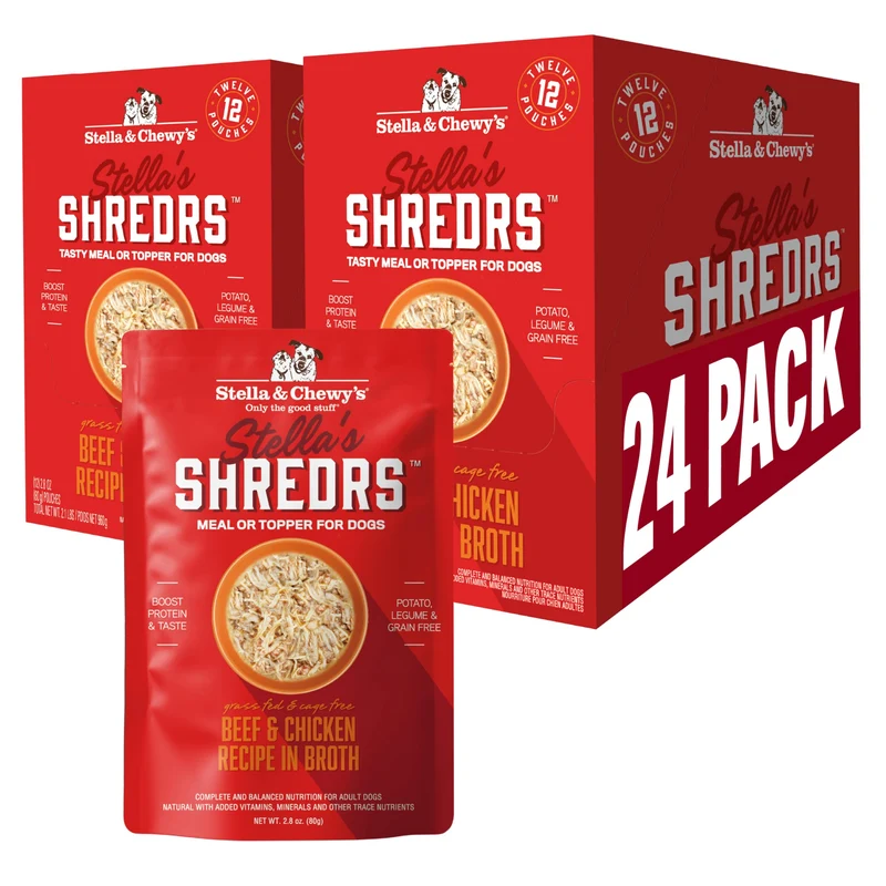 Stella & Chewy's Shredrs Bœuf nourri à l'herbe et Poulet – Sacs Premium pour Chiens, 24 sachets de 79 g