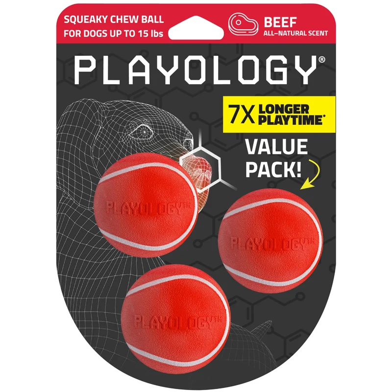 Playology Balle mordante à sifflement – Ballon rebondissant et flottant pour chiens (lot 3) | Parfum boeuf naturel et facile à nettoyer