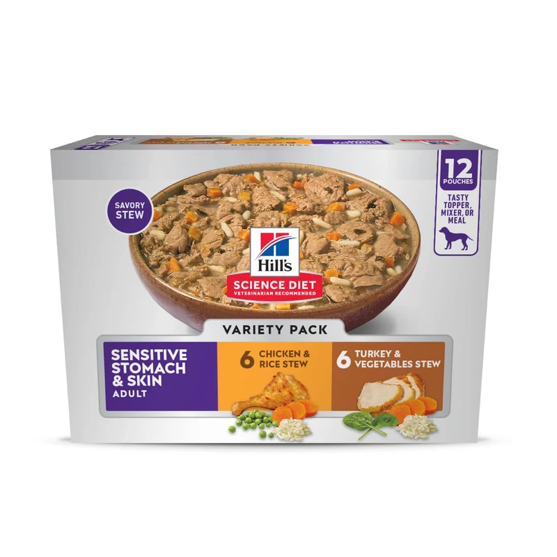 Hill's Science Diet Sensitive Stomach & Skin – Pour chien adulte 1–6 ans – Stew poulet & dinde, 12 sachets de 80 g