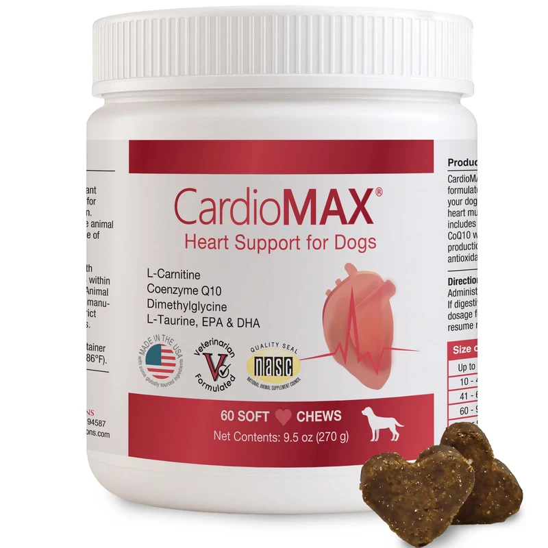 CardioMAX – Soutien Cœur pour Chiens, Taurine & EPA/DHA, L-Carnitine, CoQ10 – 60 Friandises Molles, Fabriqué aux États‑Unis
