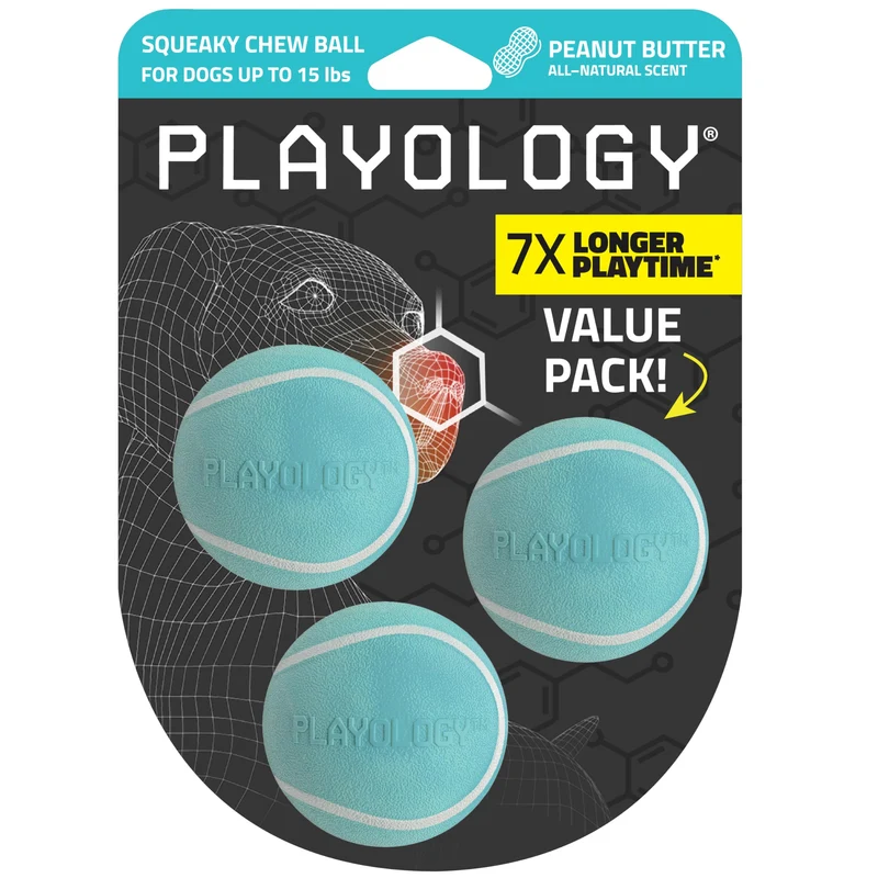 Playology Balle Siffle pour Chiens Petit – Lot 3, Flottante et Durable, Parfum Beurre de Cacahuète