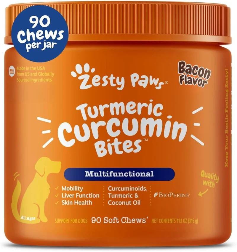 Zesty Paws Turmeric Curcumin pour chiens – mobilité et digestion, goût bacon – huile de coco, curcuminoïdes 95% + BioPerine, 90 bouchées