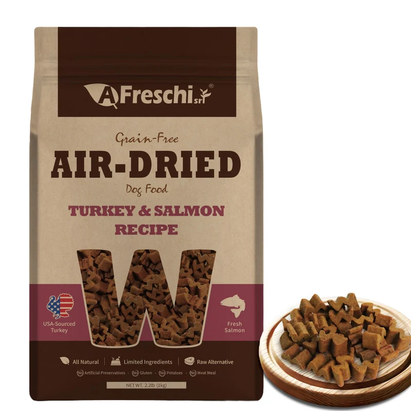 A Freschi srl – Nourriture pour chiens séchée à l'air (dinde & saumon) | Sans céréales | Protéines élevées | Pour toutes tailles | Idéal pour mangeurs difficiles | Sac de 1 kg