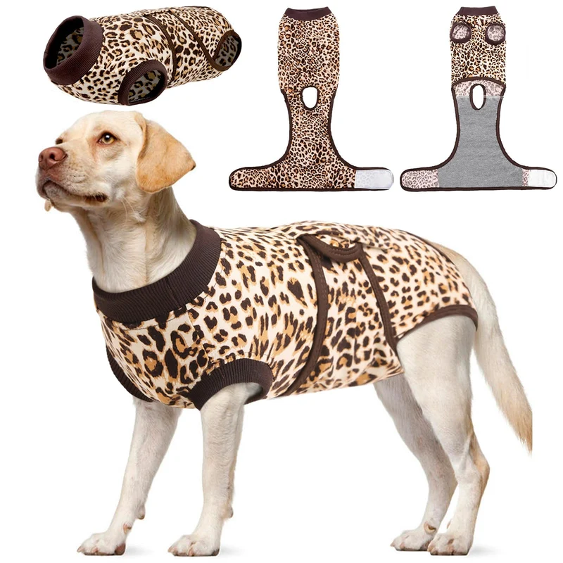 Kuoser Combinaison de Récupération pour Chien Femelle – Vêtement Post-Chirurgie Doux et Protecteur, Marron Léopard, Taille L