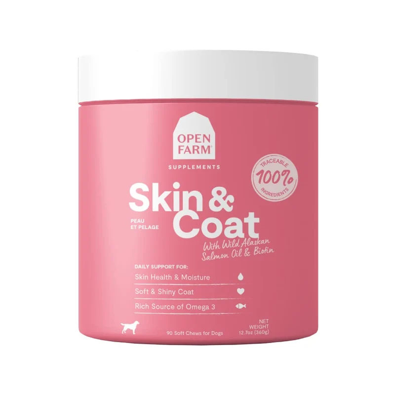 Open Farm – Compléments chien peau et pelage, ingrédients traçables et huile de saumon MSC, 90 bouchées, 12,7 oz