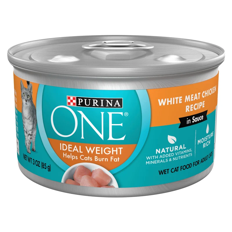 Purina ONE Nourriture humide pour chat – Contrôle du poids idéal, Recette au poulet blanc en sauce, Pack de 24 boîtes de 85 g à ouverture facile