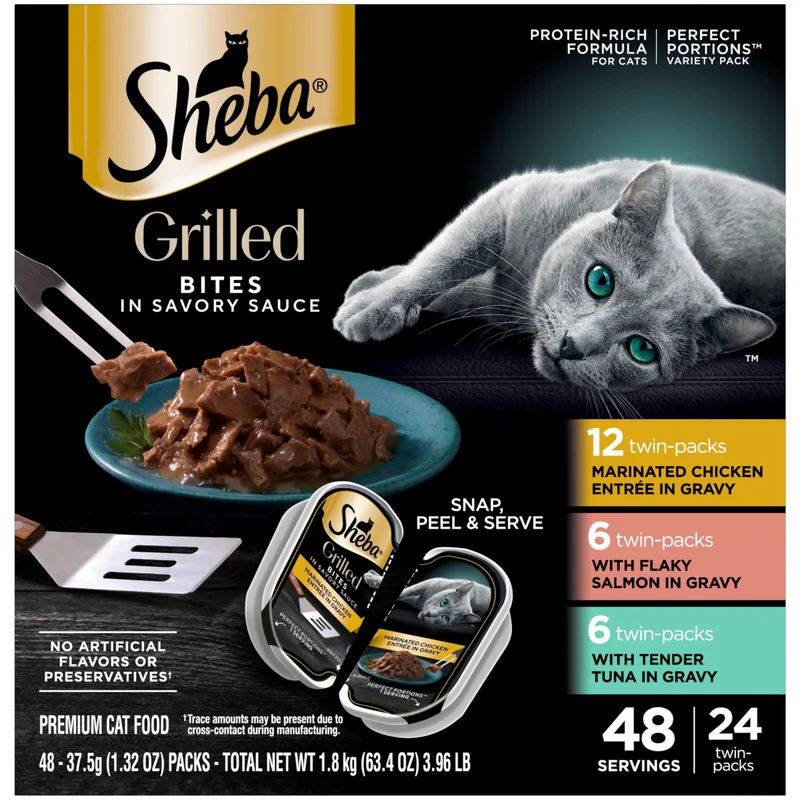 Sheba Portions Parfaites Grillées en Sauce Savoureuse – Pâtée Humide Chats Adultes, Poulet/Saumon/Thon, Sans Céréales, 24 Plateaux Jumeaux (48 Portions)