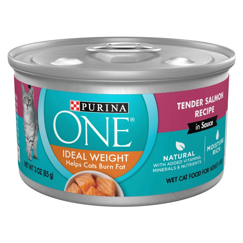 Purina ONE Alimentation humide pour chats — Poids idéal, Saveur saumon tendre en sauce, en boîtes de 3 oz (24 × 3 oz, ouverture pull-top)