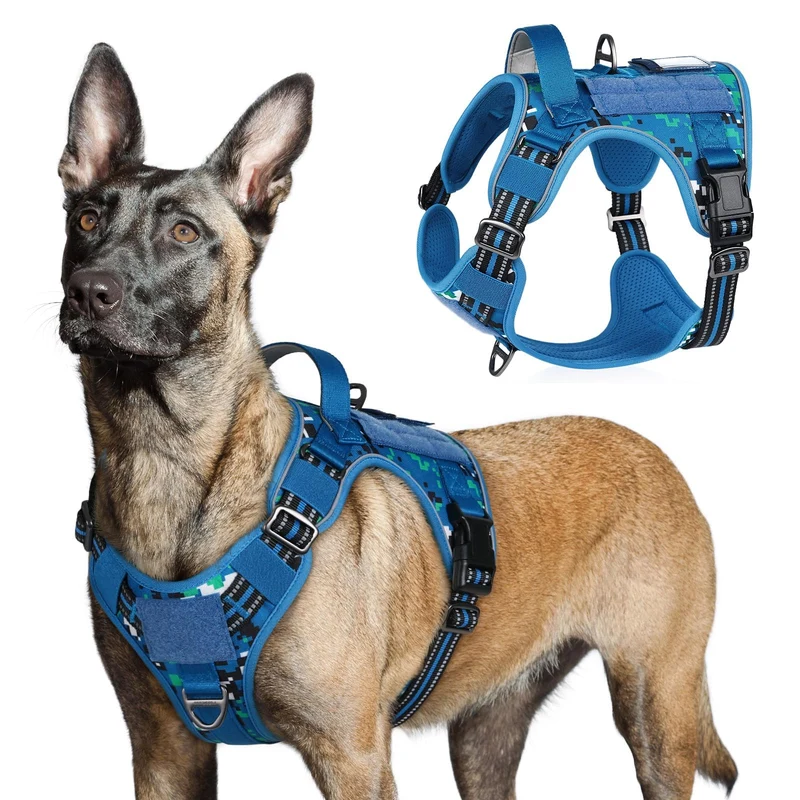 rabbitgoo Harnais Tactique pour Grands Chiens – Anti-Traction, Gilet Militaire avec Poignée & MOLLE, Réglable, Sangles Reflectives, Bleu Camouflage, Taille L