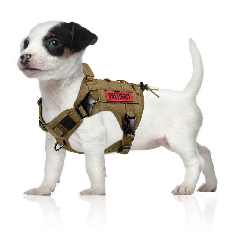 OneTigris Harnais Chien Tactique Sans Tirage – Panneaux Velcro, Poignée Haute, Ajustable – Brun Coyote XS