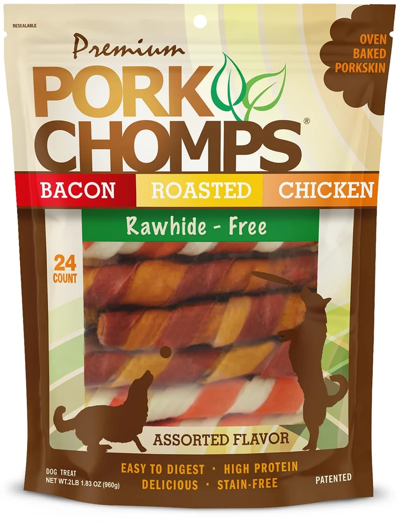 Pork Chomps – Torsades de peau de porc cuites au four, 6 pouces, Paquet de 24 – Saveurs variées – Protéines élevées, Sans cuir brut, Faible en matières grasses